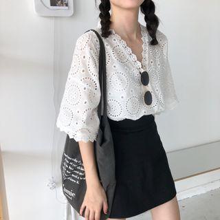Lace Trim Elbow-sleeve T-shirt / Fitted Skirt