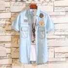 Patch Embroidered Short Sleeve Denim Shirt