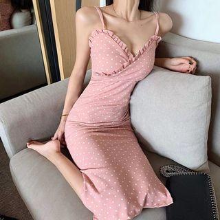 Dotted Midi Spaghetti Strap Sheath Dress
