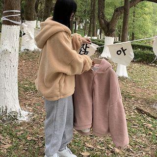 Plain Faux Shearling Hooded Zip Oversize Jacket