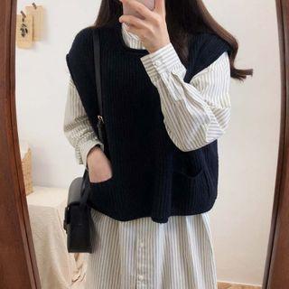 Long-sleeve Midi Striped Shirtdress / Knit Vest / Set