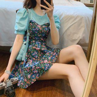 Mock Two-piece Short-sleeve Floral Mini A-line Dress