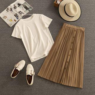 Set: Puff-sleeve T-shirt + Pleated Midi A-line Skirt