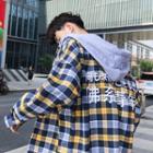 Chinese Character Hooded Plaid Shirt