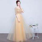 Elbow-sleeve Lace Panel A-line Evening Gown