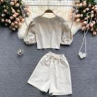 Set Of 2 : Round-neck Puff-sleeve Top + Drawstring Wide-leg Shorts