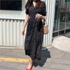 Puff-sleeve Wrap-front Dotted Dress Black - One Size