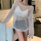 Long-sleeve Open-back Loose Knit Top / Drawstring Hot Pants
