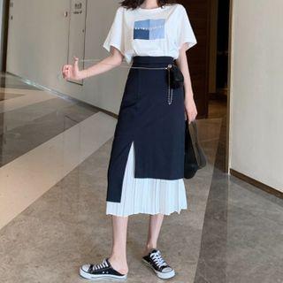 Set: Lettering Short-sleeve T-shirt + Mock Two-piece Midi A-line Skirt