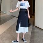 Set: Lettering Short-sleeve T-shirt + Mock Two-piece Midi A-line Skirt