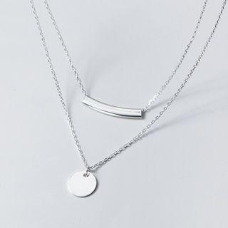 925 Sterling Silver Bar & Disc Pendant Layered Necklace S925 Silver - As Shown In Figure - One Size