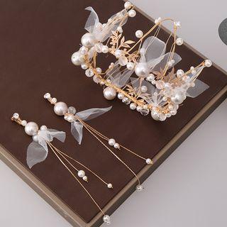 Wedding Set: Faux Pearl Tiara + Fringed Earring Hg428 Faux Pearl Tiara & Fringed Earring - One Size