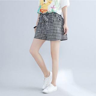Color-block Plaid Lace-up Wide-leg Shorts