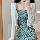 Long-sleeve Plain Cardigan / Floral Pinafore Dress