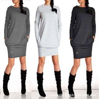 Long-sleeved Plain Slim Sheath Dress