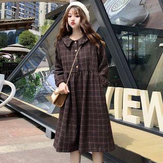 Long-sleeve Midi Plaid A-line Dress Plaid - Coffee - One Size
