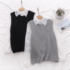 Set: Long-sleeve Lace Top + Sleeveless Knit Top