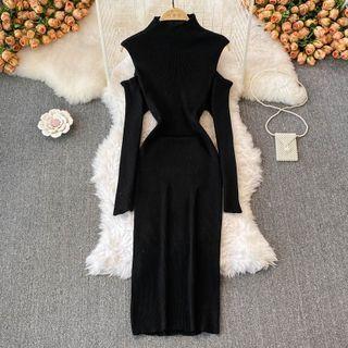 Long-sleeve Mock-neck Two-tone Knit Cutout Midi Sheath Dress