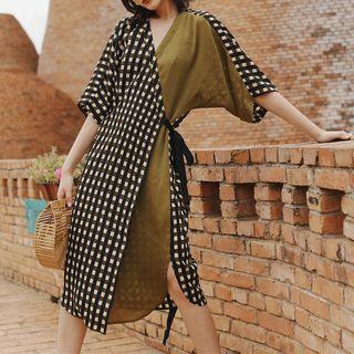 Elbow-sleeve Plaid Panel Wrap Chiffon Dress