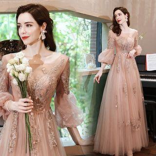 Puff-sleeve Flower Embroidered Sheath Evening Gown