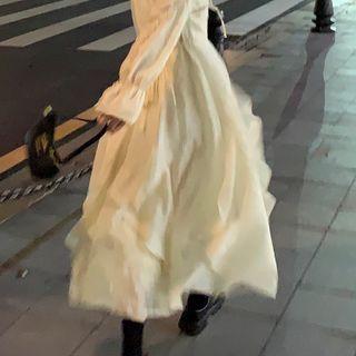 Long-sleeve Ruffle Trim Chiffon Midi A-line Dress