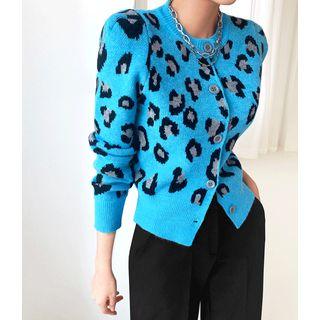 Crewneck Leopard Cardigan Blue - One Size