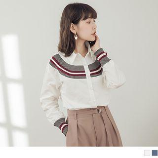 Striped Knitted Panel Long Sleeve Blouse