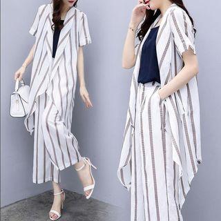 Set: Short-sleeve Striped Long Jacket + Cropped Pants