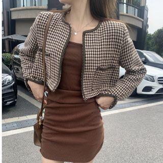 Houndstooth Cropped Jacket / Spaghetti Strap Plain Mini Bodycon Dress