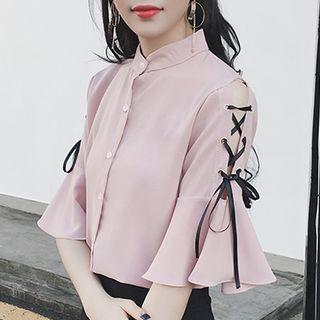 Lace Up Detail Chiffon Elbow Sleeve Shirt