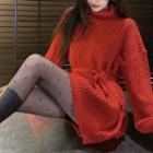 Turtleneck Tie-waist Mini Sweater Dress Red - One Size