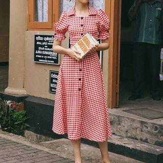 Set: Short-sleeve Plaid Button Blouse + Plaid Single-breasted Midi Skirt