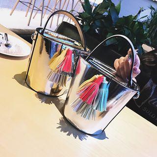 Tasseled Metallic Bucket Bag