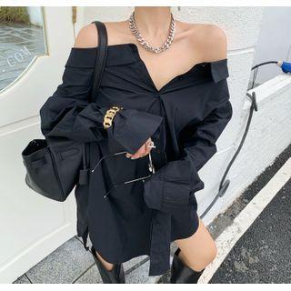 Off Shoulder Plain Loose-fit Long-sleeve Shirt