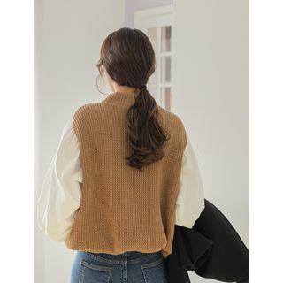 Balloon-sleeve Rib-knit Panel Top