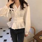 V-neck Ruched Gather-waist Blouse White - One Size