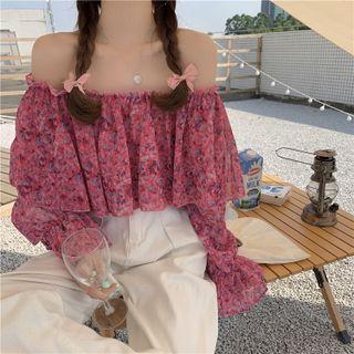 Off-shoulder Floral Blouse Red - One Size