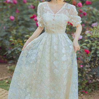 Short-sleeve Embellished Midi A-line Lace Dress