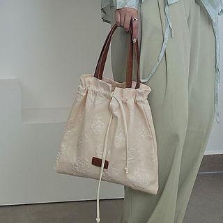 Floral Embossed Drawstring Handbag Beige - One Size