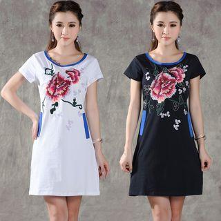 Embroidered Short-sleeve Knit Dress