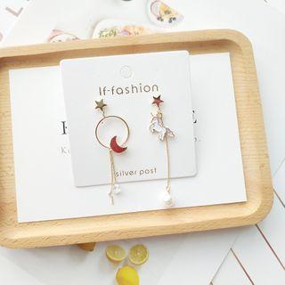 Non-matching Alloy Unicorn Moon & Star Dangle Earring One Pair - Non-matching Alloy Unicorn Moon & Star Dangle Earring - Gold & White & Light Purple - One Size