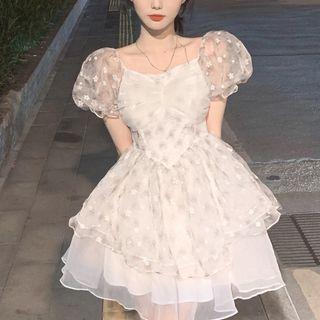 Puff-sleeve Floral Mesh Mini Corset Dress