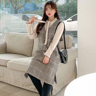 Plus Size Plunge-neck Checked Jumper Dress