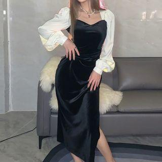 Slit Long-sleeve Midi A-line Dress