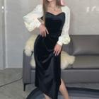 Slit Long-sleeve Midi A-line Dress
