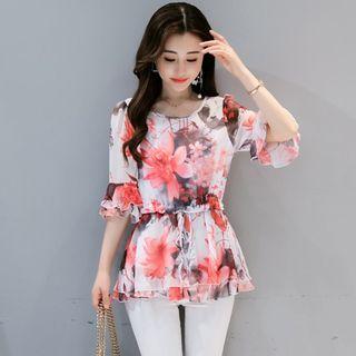 Elbow-sleeve Chiffon Floral Top