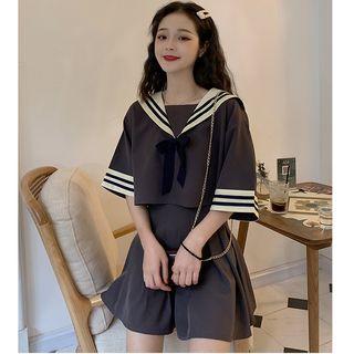 Set: Elbow-sleeve Sailor Collar Top + Pleated Skirt