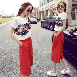 Set : Print Short-sleeve T-shirt + Wide Leg Pants