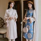 Long-sleeve Floral Print Midi Qipao Dress / Printed Vest / Set