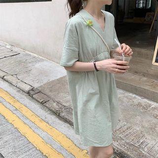 V-neck Elbow-sleeve A-line Dress Light Green - One Size